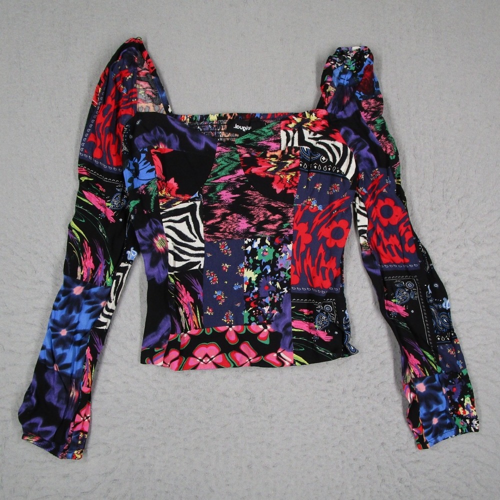 Desigual Women Patchwork Print Smocked Back Square Neck Long Sleeve Top small